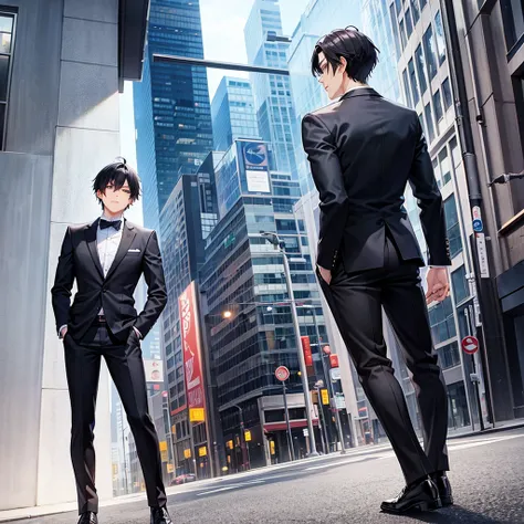 Anime black-haired man in a suit turns his back and stands in the city.