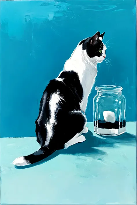 cyan background，Fat Cat，whole body，bright，Black and white cat，On the table cabinet，bright背景，Transparent glass，Abstract Art，Thick Texture Paint