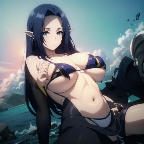 dark blue hair,,long hair,blue eyes,pointy ears,elf,(((bikini))),on the beach
