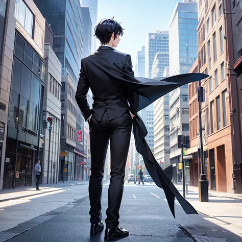 Anime black-haired man in a suit turns his back and stands in the city.