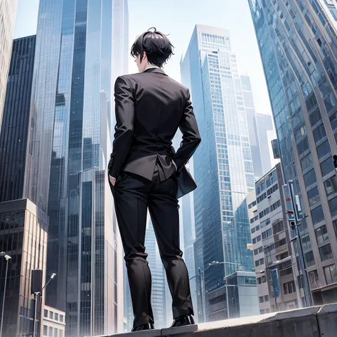 Anime black-haired man in a suit turns his back and stands in the city.