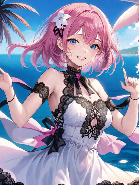 ((Best quality)), ((masterpiece)), (detailed), ((perfect face)), One Girl、Pink Hair、blue eyes、A white dress with black lace、large pink ribbon on the chest、Ocean、Waving、smile