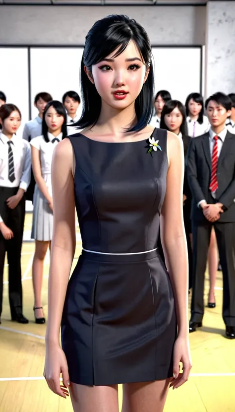 Photorealistic depiction of a beautiful girl with a perfect figure and youthful face, featuring a confused expression. She has black hair and is standing in a formal morning assembly, mistakenly greeting everyone with Happy Monday on a Wednesday. Inspired ...