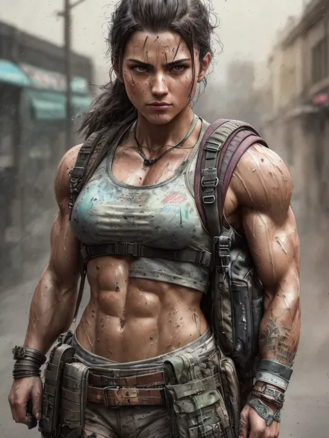 strong muscular wooman, street angry, backpack, epic realistic, photo, faded, complex stuff around, intricate background, soaking wet, neutral colors, ((((hdr)))), ((((muted colors)))), intricate scene, artstation, intricate details, vignette