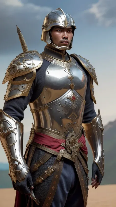 Masterpiece, cinematic landscape, best quality, baroque, realistic, man, future century armor, unique modern armor, upper body, looking at the viewer, a soldier of the Majapahit kingdom, facing his king