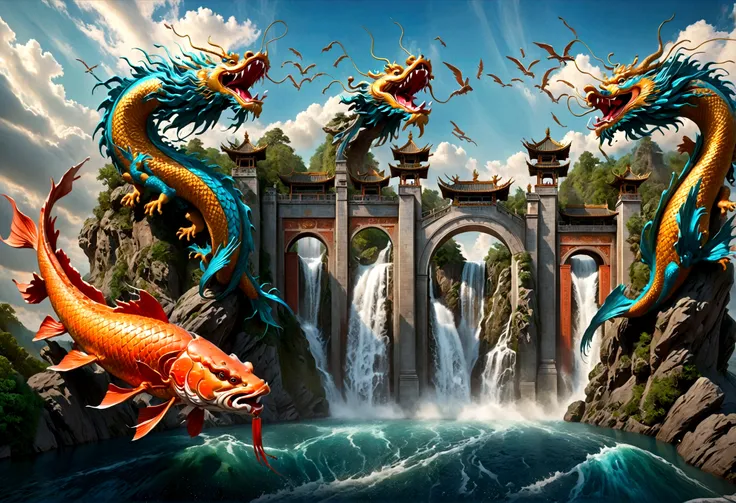 scene of Carp passing through the gate of heaven and turning into a dragon, one at the top turns into a carp with the head of a dragon, Chinese dragons are very beautiful, many carp are jumping from the water surface above the waterfall, Depth of field per...