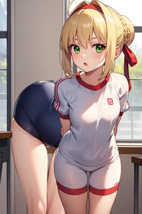 1girl,fgonero, nero, ahoge, blonde hair, (green eyes:1.5), hair between eyes, hair intakes, 
BREAK braid, buruma, french braid, gym shirt, gym uniform, hair bun, headband, official alternate costume, red buruma, red headband, single hair bun,
BREAK looking...