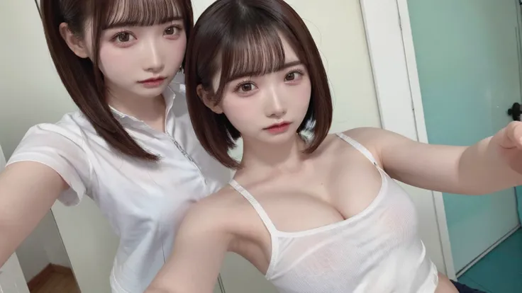 18-year-old、Ultra HD、Ultra-high resolution、Realistic、Sweaty skin、Bob Hair　Bob Hair、Transparent nipples、Transparent nipples、、Large Breasts、Selfie