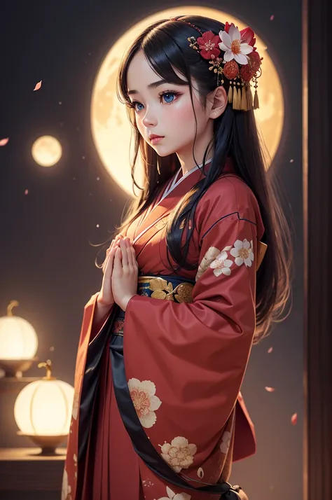 ((Praying Hands)),Upper Body,((Looking at the audience)),Facing the front,Gorgeous red kimono,Intricate patterns that complement the kimono,Long black hair,Pink cherry blossom hair accessory,Beautiful and delicate face,blue eyes,Big eyes,Extremely fine res...