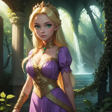 Flower Princess, Rapunzel, Beautiful, Glowing yellow glow, Long blonde hair, Green eyes, Lilac dress, Green ivy, Nice young face, Soft tan skin,Art germ, Ultra-detailed and sophisticated Gothic art trends in Artstations ternary colors, Fantastical, intrica...