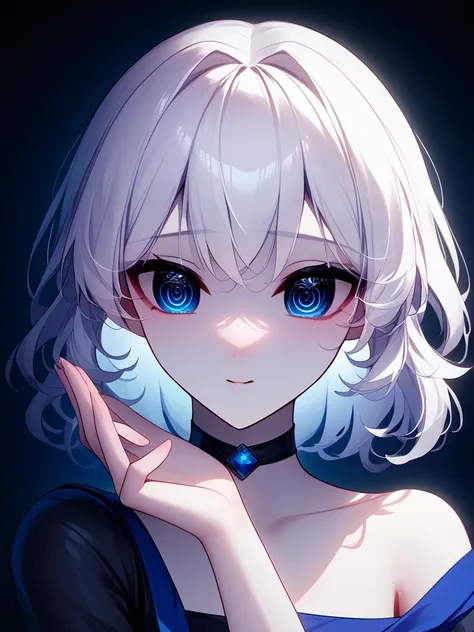 sleet(blue base color, white hair)、(medium hair)、white skin、long sleeve off shoulder、resolution, unity 8k wallpaper, (figure:0.8...