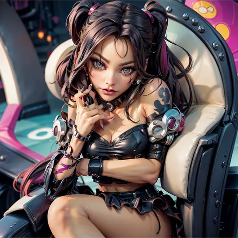 a Harley Quinn girl with crazy makeup, wearing a sexy small outfit, posing with guns near her Joker themed throne in a Fun House of Death, 1girl, extremely detailed face and eyes, beautiful detailed lips, long eyelashes, photorealistic, 8k, hyper detailed,...