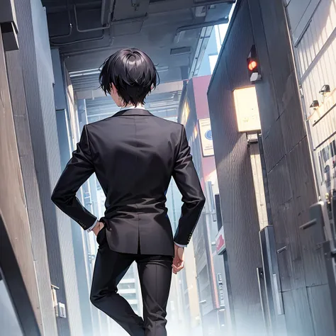 Anime black-haired man in a suit turns his back and stands in the city.