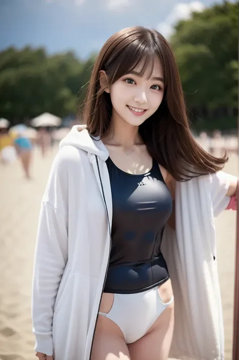 hyper detailed, FHD, woman, standing, looking at viewer, japanese, 20-year-old, smiling, on the beach, cute, undone clothing, swimsuit
