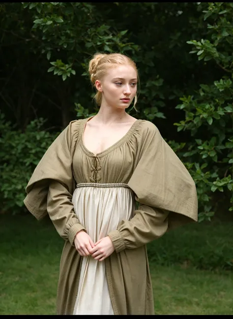 Sophie turner, blonde uptied ponytail, she wears a medieval peasant dress, high quality, solo