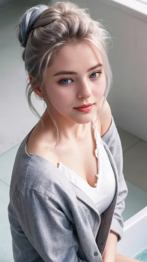 1 Girl, Beautiful, Baby Face, 20 Years Old, White Skin, , naked , Skinny, ,  , standing in The Bathroom,attractive , seductive, , , medium breasts, Grey Hair, Silver messy bun hairstyle, raised up arms, ((adorable:1.1)), ((masterpiece:1.1)), Sleepy Cute Fa...