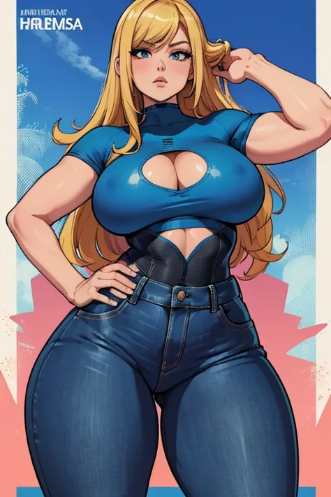 Samus aran in tight jeans and a blue top is posing for a picture, an album cover by Louisa Puller, instagram, tachisme, thicc, african domme mistress, skinny waist and thick hips, thick thighs, tight outfit, tight attire, insanely inflated hips, thick, thi...