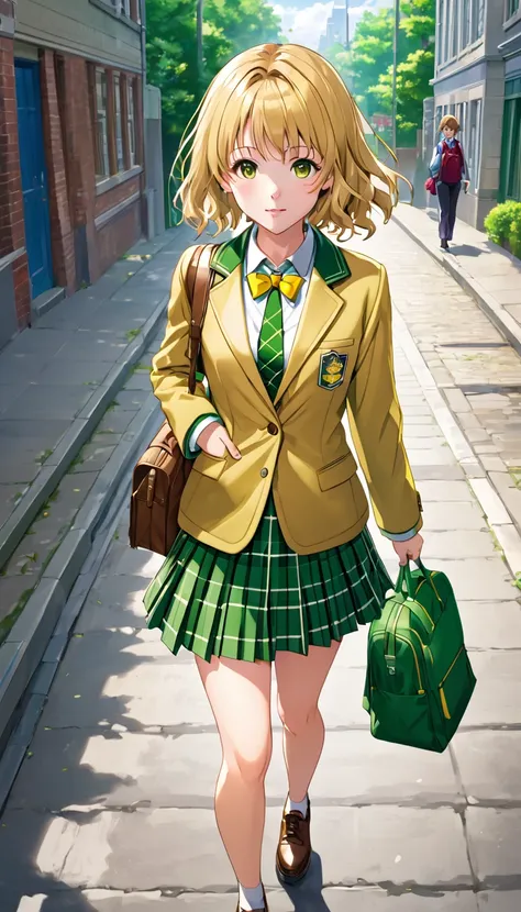 masterpiece, best quality, highres, 1girl, solo, blonde medium hair, brown eyes, , green bowtie, blazer, yellow jacket, long sle...