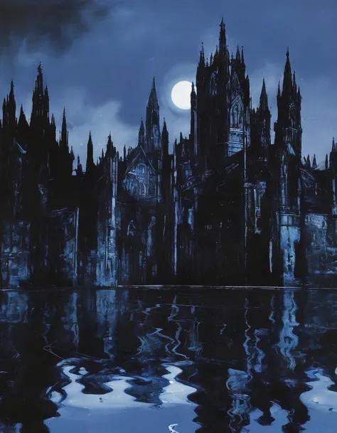 gothic hall in black water, blue background