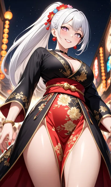 (One personの女性)), Beautiful Face, (Laughing embarrassedly), ((smirk)), ((Wink:1.8)),  Laugh with your mouth wide open,((Bright red cheeks:1.4)),Shiny red lips, night,rooftop,Festivals, firework,Glossy pink lips,Facial lighting,((Anime style background)),ma...