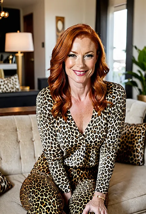 40 year old Redhead woman Living room Leopard top Leopard pants Sexy Smirk