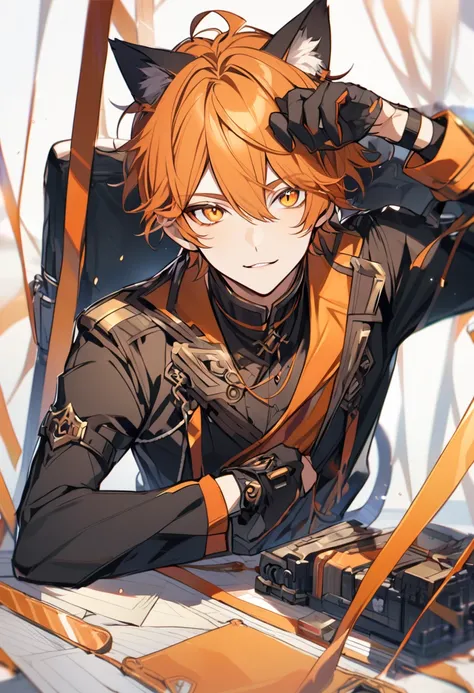 boy, solo, handsome, orange hair, orange eyes, cat ears, young