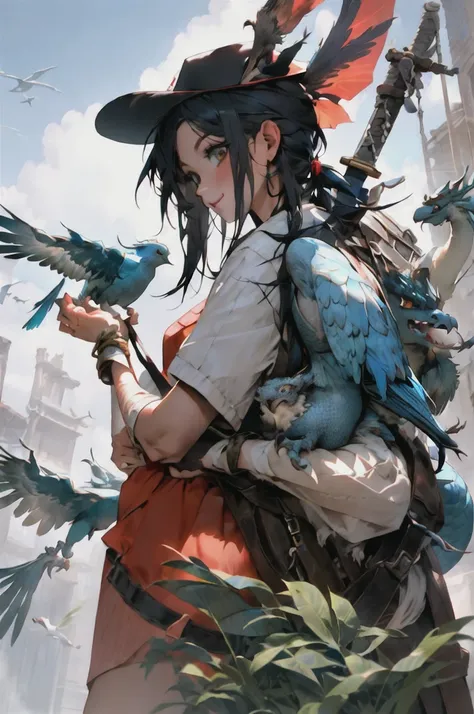 girl, letterboxed, holding, outdoors, bird, standing, cloud, 1boy, weapon, from behind, sky, cloudy sky, animal, holding weapon, eastern dragon, monster, 1other, hat, fog,  