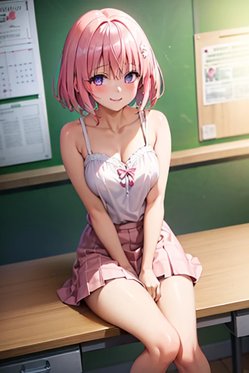 (Highest quality:1.1), (masterpiece:1.4), (Absurd:1.0), Portraiture, close,
One girl, Momo Belia Deviluke, hair ornaments, Bobcut, Short Hair Pink Hair, Purple eyes, Medium chest, yellow , View your viewers, classroom, (blush:1.2), smile,
