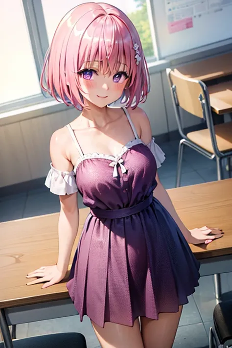 (Highest quality:1.1), (masterpiece:1.4), (Absurd:1.0), Portraiture, close,
One girl, Momo Belia Deviluke, hair ornaments, Bobcut, Short Hair Pink Hair, Purple eyes, Medium chest, yellow , View your viewers, classroom, (blush:1.2), smile,
