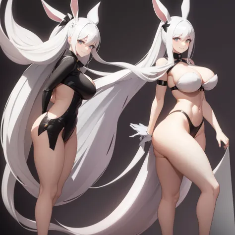 bunny girl, solo, white fantasy Healers armor, grey eyes, long white hair, bushy ponytail, bushy bangs, full body, standing, full body shot, looking at viewer, shy smile, skindetantion, skindentation on breasts, seductive, huge hips, huge breasts, huge thi...