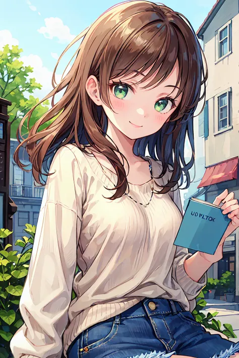 masterpiece, Highest quality, Very detailed), Portrait of an 18 year old woman with light brown hair, Green round eyes, Beige blouse and blue jeans、Smiling Blue Shorts、Read the Brown Book - Auto Ultra Realistic -  