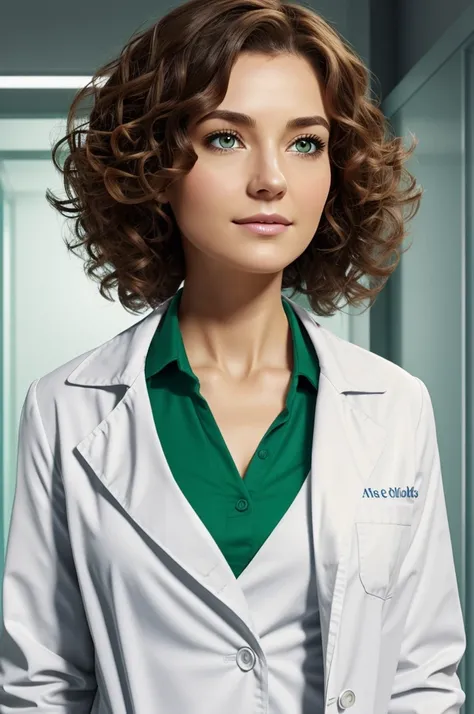 create animated images of a female doctor in a white coat, short brown and well curly hair, with green eyes