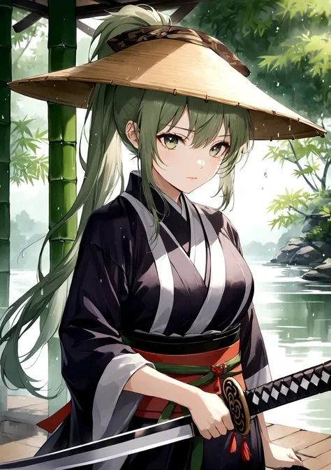 High ponytail girl，bamboo hat，Taiji Sword，Lake Pavilion，Misty Rain，Green，Ink Painting，Xiada style，Depth of Field，high quality