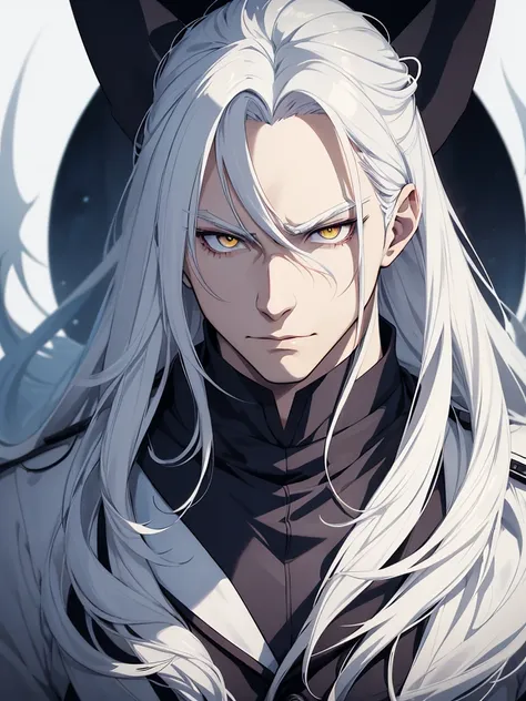 anime guy with white hair and yellow eyes staring at the camera, handsome drow, seinen manga portrait, stunning anime face portrait, anime portrait of a handsome man, portrait of thancred, portrait of drizzt dourden, hajime yatate, anime character portrait...