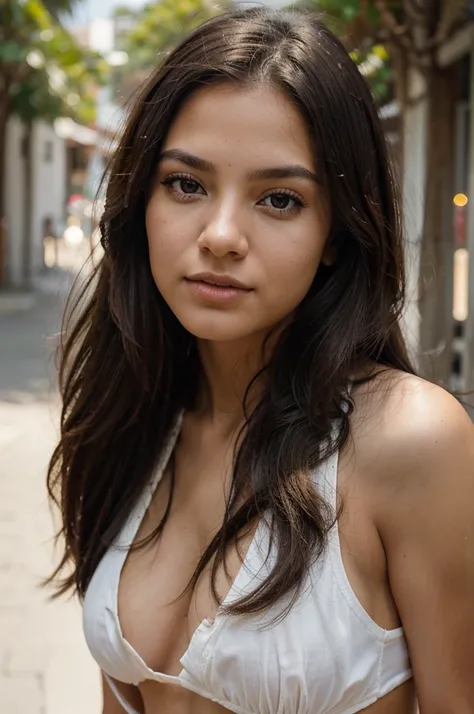 A photorealistic portrait of a 21-year-old Colombian woman with long dark and fluid hair and striking dark eyes. It should have a natural and accessible expression and be illuminated by a soft sunlight at the golden hour. The background should be an outdoo...