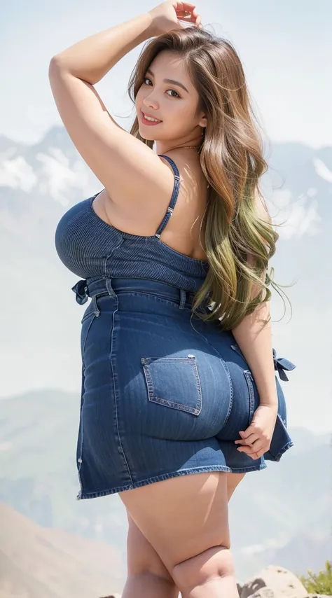 ((Best Quality, 8K, Masterpiece: 1.3)), Chubby woman smile  ((best quality)), ((masterpiece)), (detailed), perfect face, USA woman fat in a dark-blue shirt and blue denim skirt walking down a street, thicc, she has a jiggly fat round belly, bbwchan, wearin...