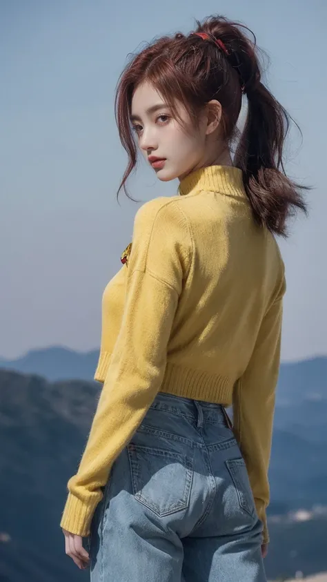 21yo girl,red hair,ponytail hair,(wearing a red yellow), (yellow striped on sweater),( with a crest emblem on the chest),(captured from back view),(blue sky),(rbackground sky), hot pants denim, natural medium breast, plump body,single sidelock hairpin blus...