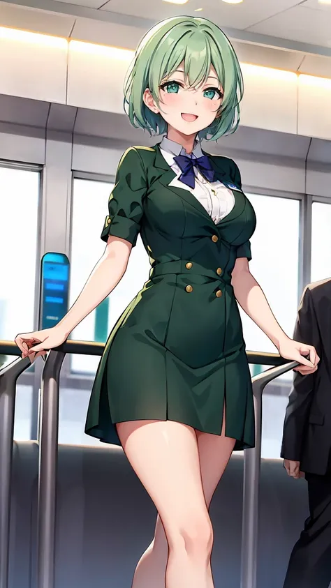 Girl with short green hair, Small size breasts,、Green Eyes, 、,Full body photo from head to toe、stewardess、airport、、A big smile、Uplifting、The best smile、Currently serving customers、work、飛行機の機内work、