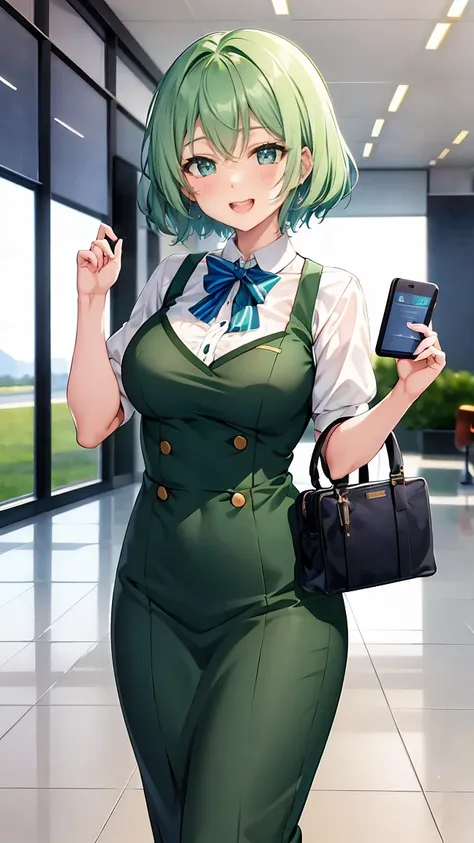 Girl with short green hair, Small size breasts,、Green Eyes, 、,Full body photo from head to toe、stewardess、airport、、A big smile、Uplifting、The best smile、Currently serving customers、work、飛行機の機内work、