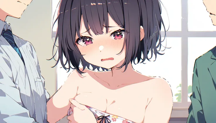 
One girl with black bob hair、Upper body naked、My breasts are fondled by a man、Floral print panties、Standing posture、Sugata Class、Shyness、Crying face、resistance、fear