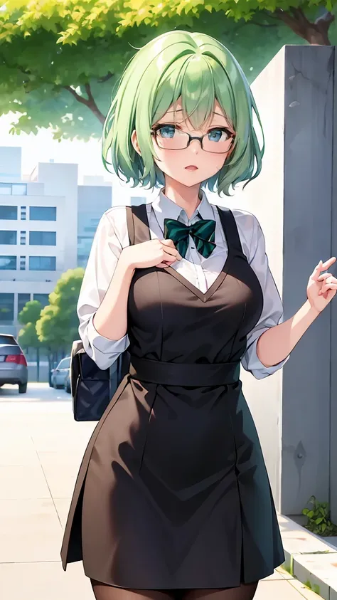 Girl with short green hair, Small size breasts,、Green Eyes, 、,Full body photo from head to toe、OL、Building Offices、、、Uplifting、、、Clerical work、Glasses、Tense tension、Working、