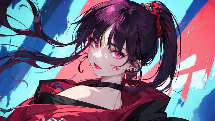 hair above one eye, Purple eyes, Clear Eyes, choker, Neon Shirt, torn legwear, open jacket、Blue pubic hair catches my eye,Bright red background、Red background, graffiti, Shineing grafiti, Shineing tattoos, Shine, Neon Light, Black light,Anime Style, movie ...