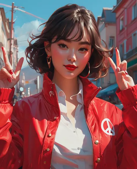 a close up of a woman in a red jacket holding a peace sign, cushart krenz key art feminine, offcial artwork, offcial art, Character Profile Art, Trading Card Art, artwork in the style of z.w. To, rutkowski ilya krenz nixeu wlop, official character art, loa...