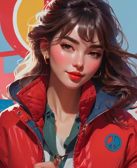 a close up of a woman in a red jacket holding a peace sign, cushart krenz key art feminine, offcial artwork, offcial art, Character Profile Art, Trading Card Art, artwork in the style of z.w. To, rutkowski ilya krenz nixeu wlop, official character art, loa...