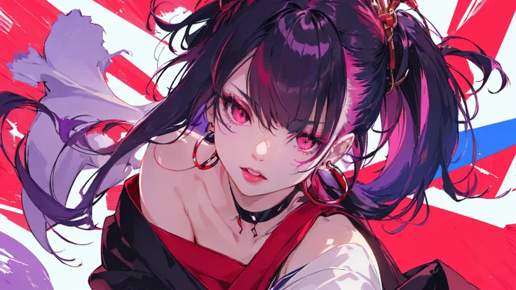 hair above one eye, Purple eyes, Clear Eyes, choker, Neon Shirt, torn legwear, open jacket、Blue pubic hair catches my eye,Bright red background、Red background, graffiti, Shineing grafiti, Shineing tattoos, Shine, Neon Light, Black light,Anime Style, movie ...