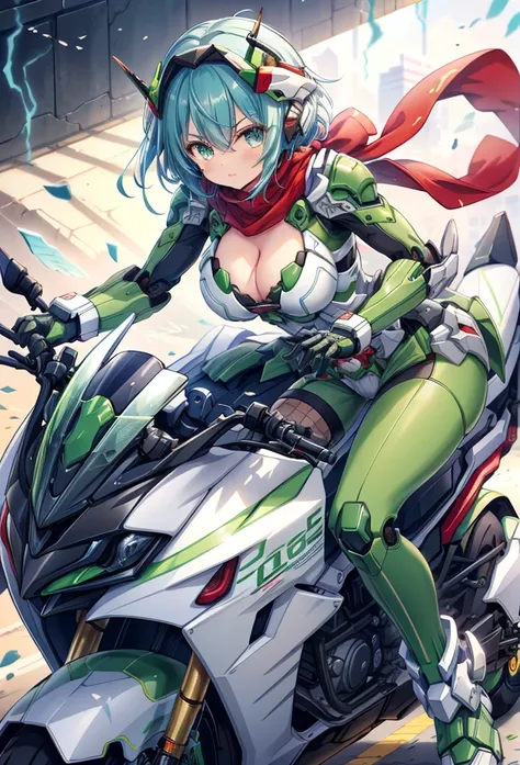 (masterpiece:1.2), best quality, high resolution, extremely detailed CG, absurdres, highres,1girl, solo, black and green powersuit, white armor, on a cyber motorcycle, thighs, cleavage, blue_hair,  red_scarf, mecha_armored, mecha_belt, headgear