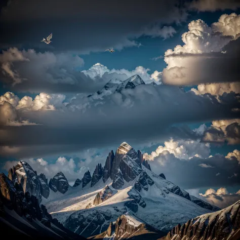 A majestic dark mountain, a lone white dove soaring in the background, (best quality,4k,8k,highres,masterpiece:1.2),ultra-detailed,(realistic,photorealistic,photo-realistic:1.37),dramatic lighting, dramatic sky, cinematic composition, intricate details, se...