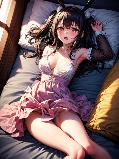 Highest quality,Highest Resolution,Bunny girl drooling and crying,Dark bedroom,whole body,