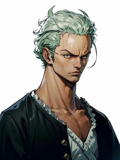 (masterpiece, best quality, Full HD), portrait, tilted head, tilted head, frown, zoro roronoa, white background