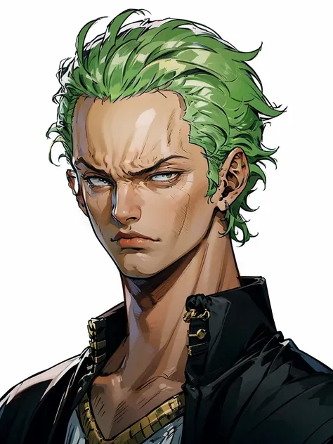 (masterpiece, best quality, Full HD), portrait, tilted head, tilted head, frown, zoro roronoa, white background